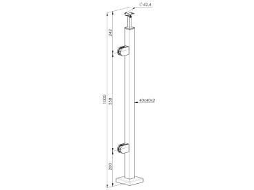 Edelstahl Geländerpfosten links 40x40 Bauhöhe 1000mm Vierkantrohr mit Glashalter Vierkant Eckpfosten